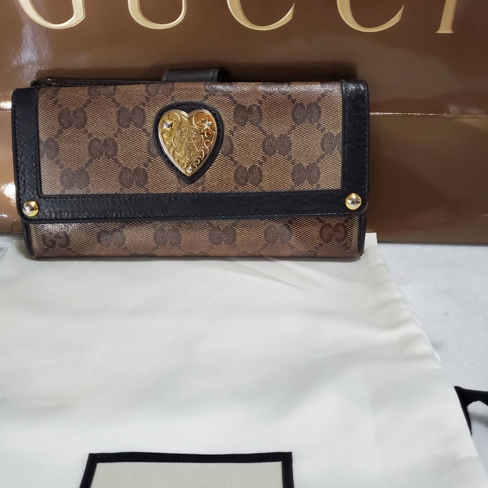 Gucci GG Logo Brown Canvas Continental Bifold Wallet with Black Trim. 2085660415